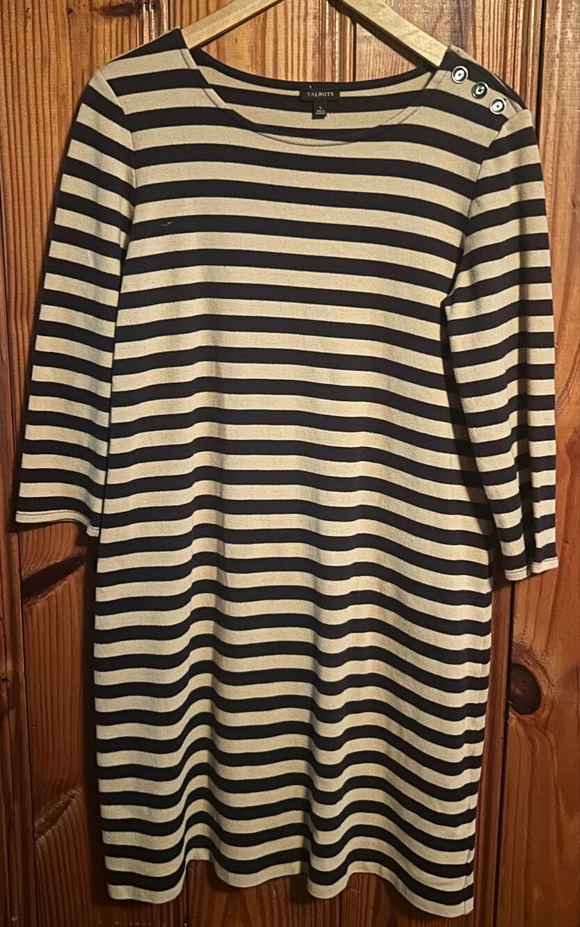 Talbots striped knit dress tan/navy stripes sheath nautical  sailor size large